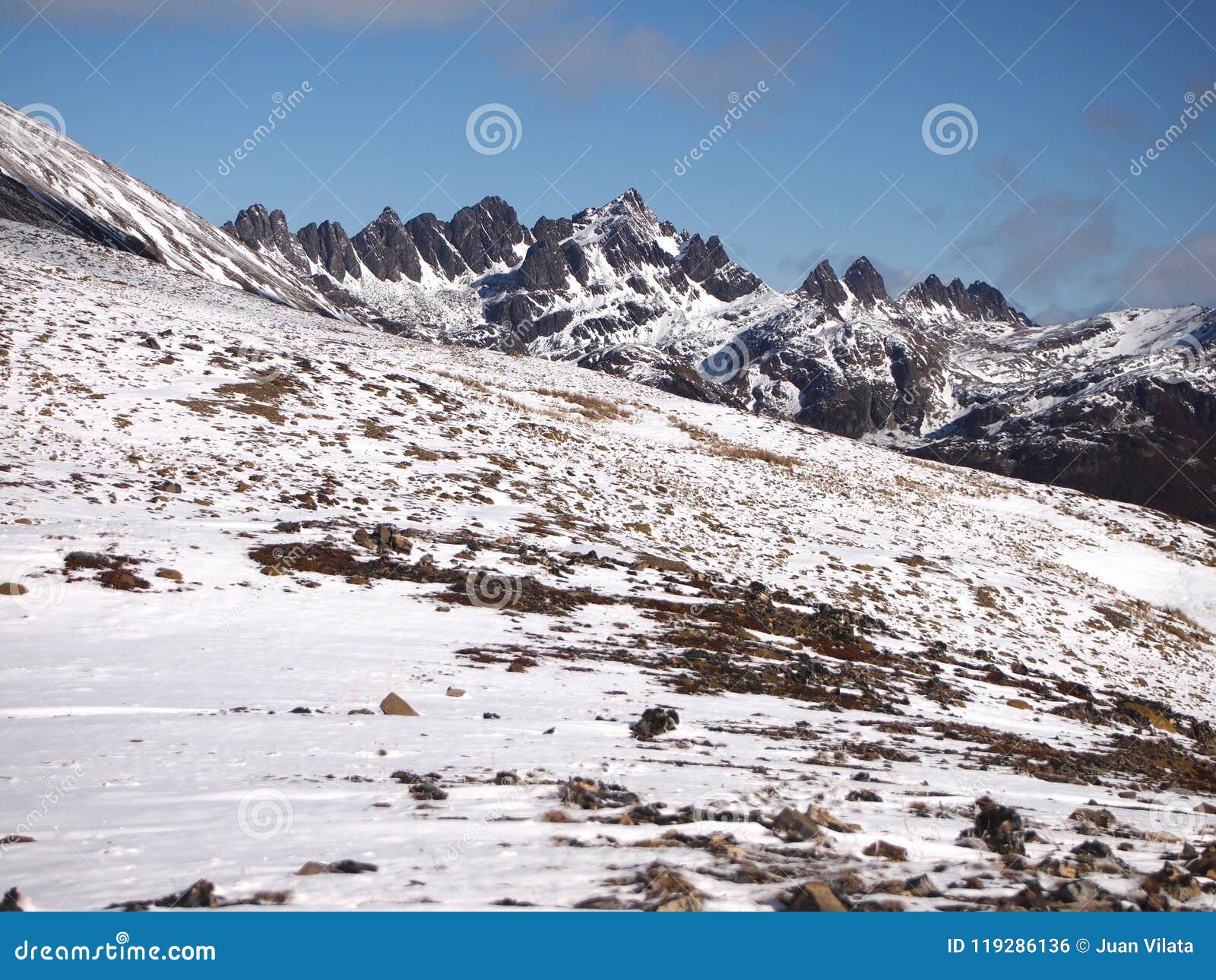 early autumn snow in the mountains of navarino island, province of chilean antarctica, chile