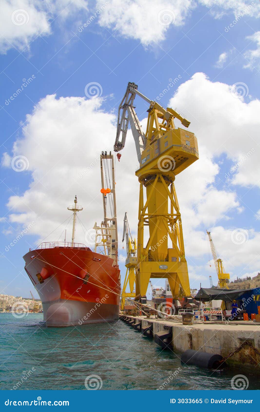 Nave porta-container e gru enorme. Gru enorme capace dei caricamenti fino a 150 tonnellate che caricano una nave da carico a Malta.