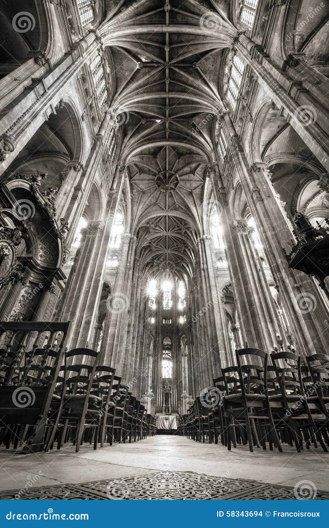 nave with vaulted arches, church of saint eustache, paris, france