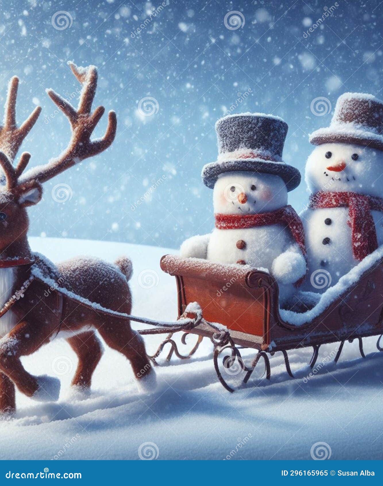 snowman drives a sleigh