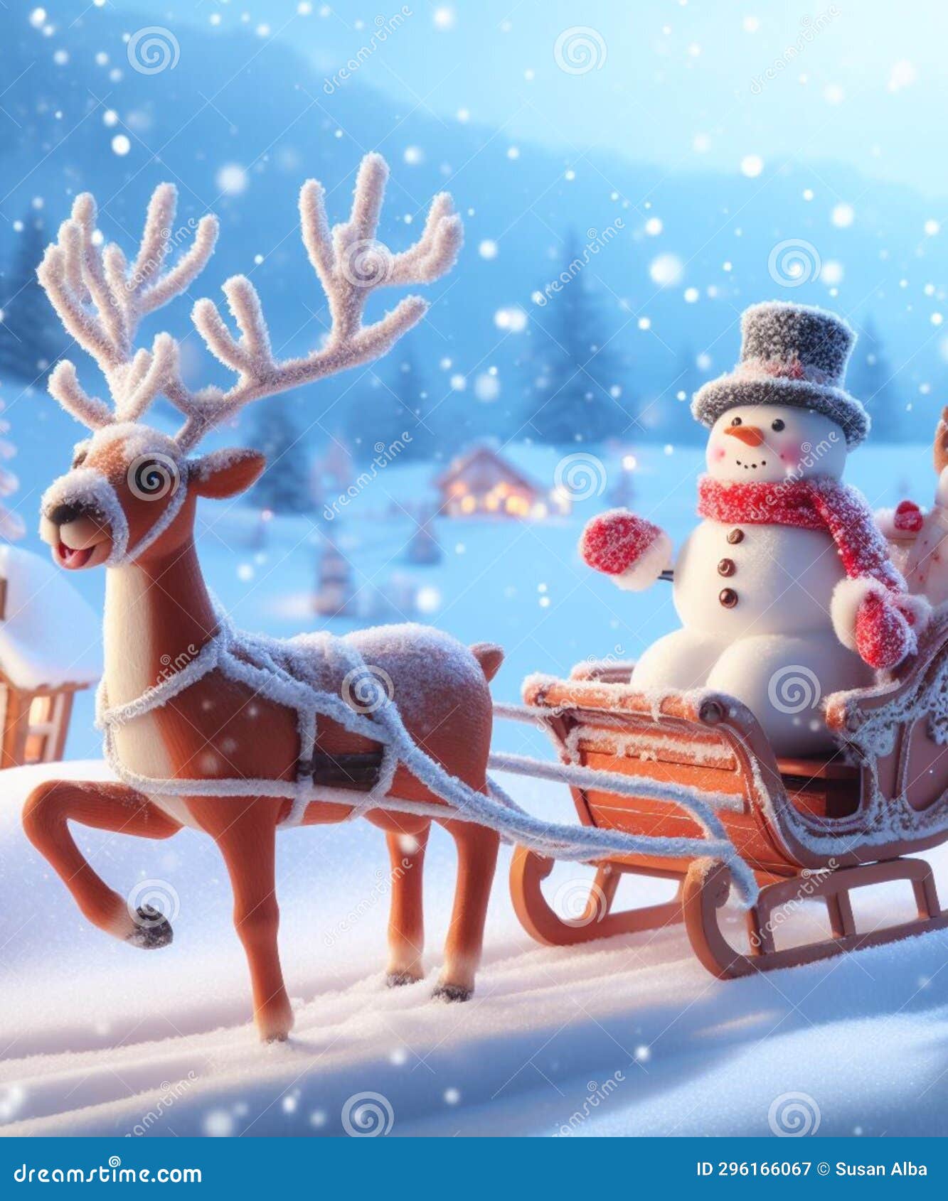 snowman drives a sleigh