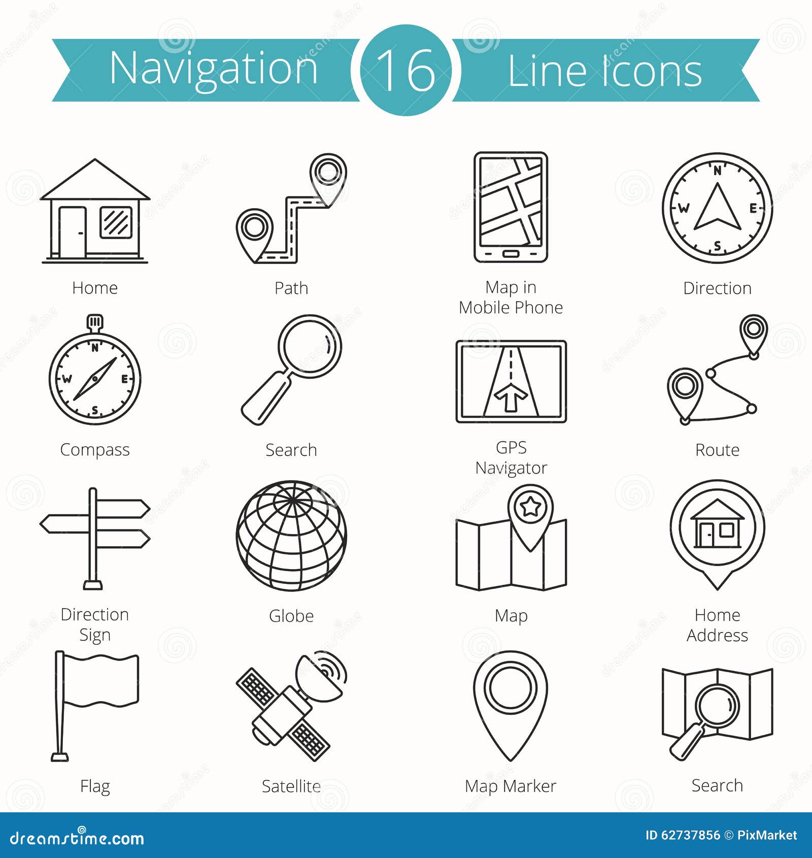 16 Navigation Line Icons stock vector. Illustration of navigator - 62737856
