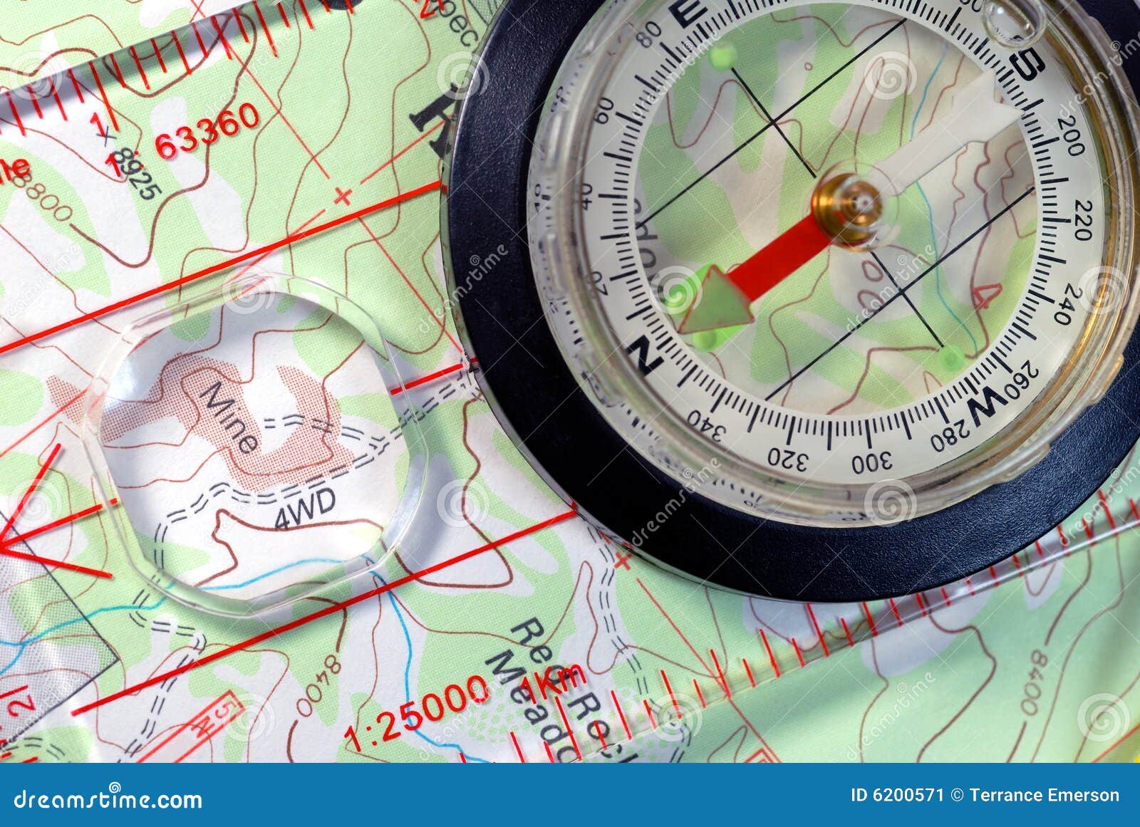 navigational compass on topographical map