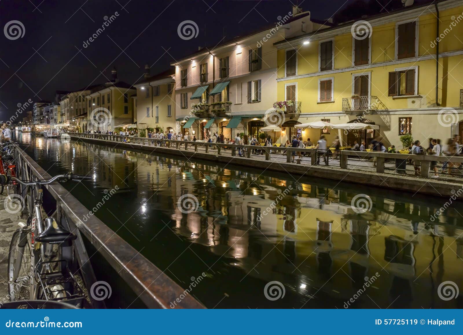 Naviglio Grande Embankment At Night Life Time Milan