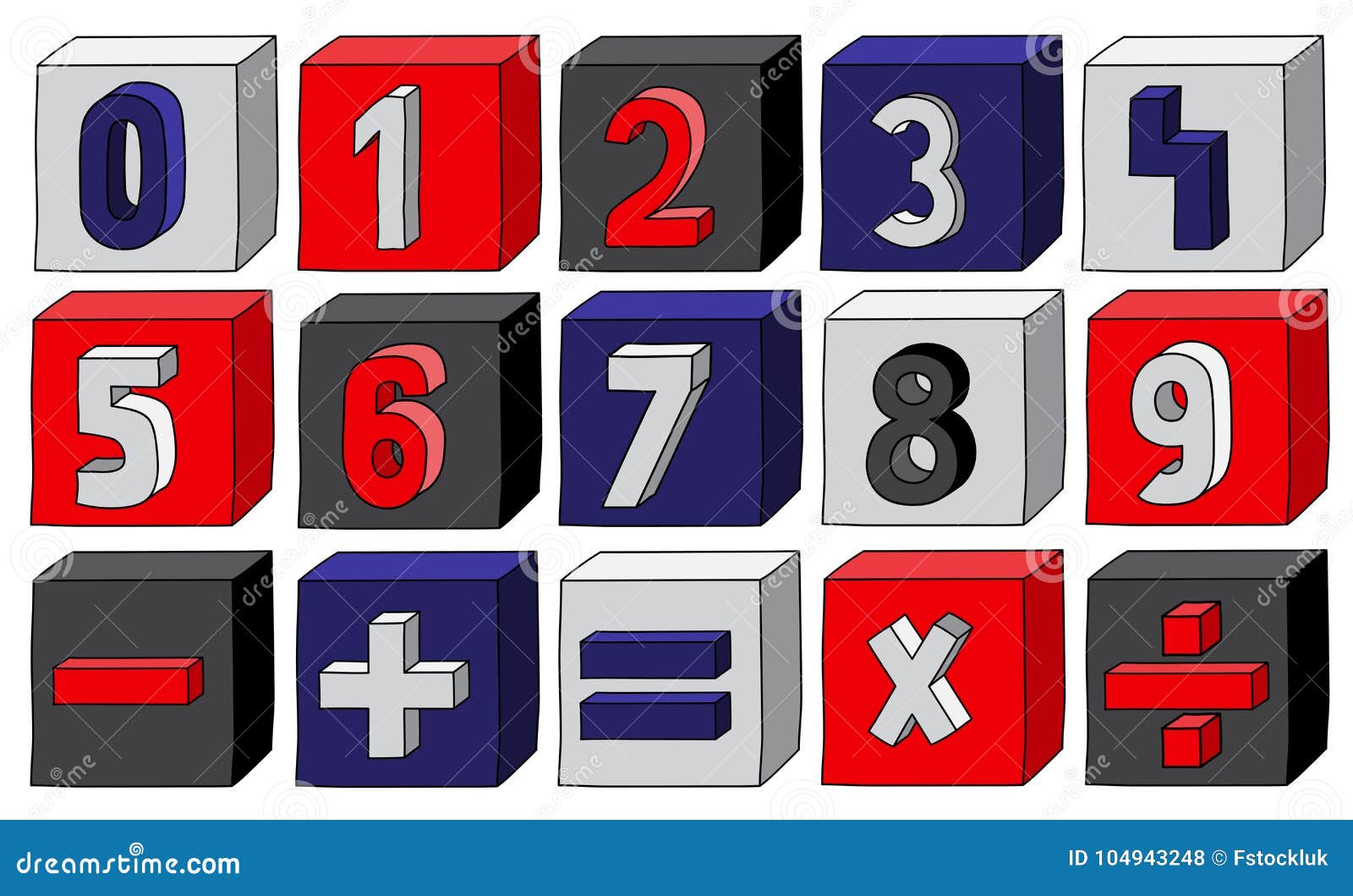 Navy Blue Numbers From 0 To 9 With Mathematical Operations On Blocks