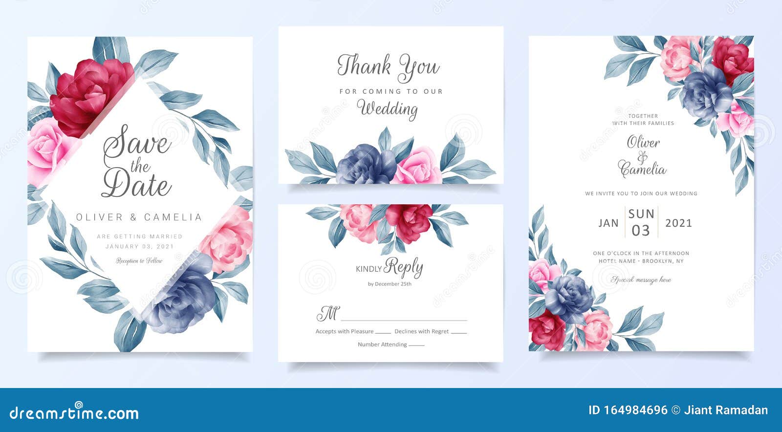 navy blue wedding invitation card template set with floral frame and decoration. elegant flowers save the date, invitation,