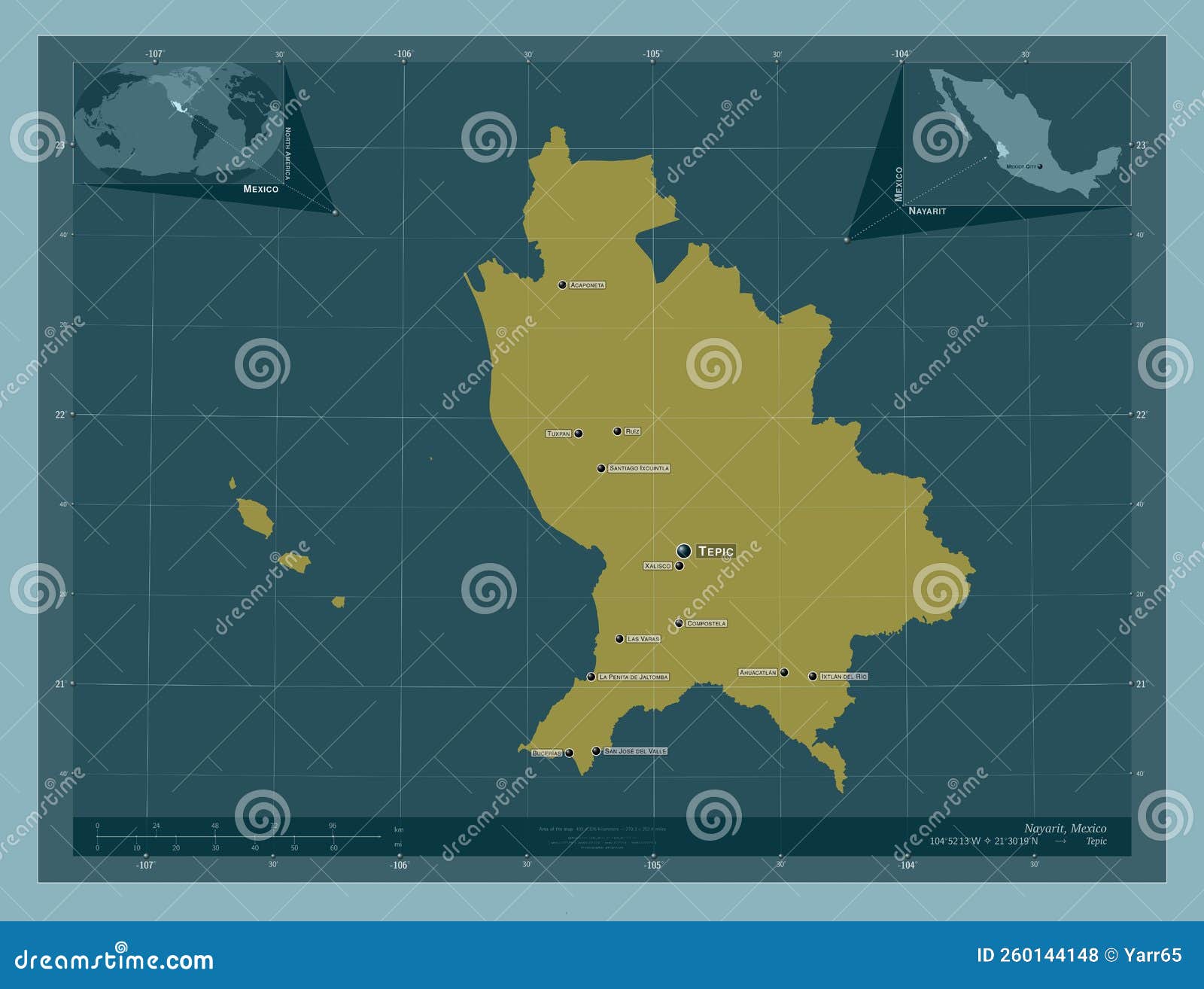 Nayarit, Mexico. Solid. Labelled Points of Cities Stock Illustration