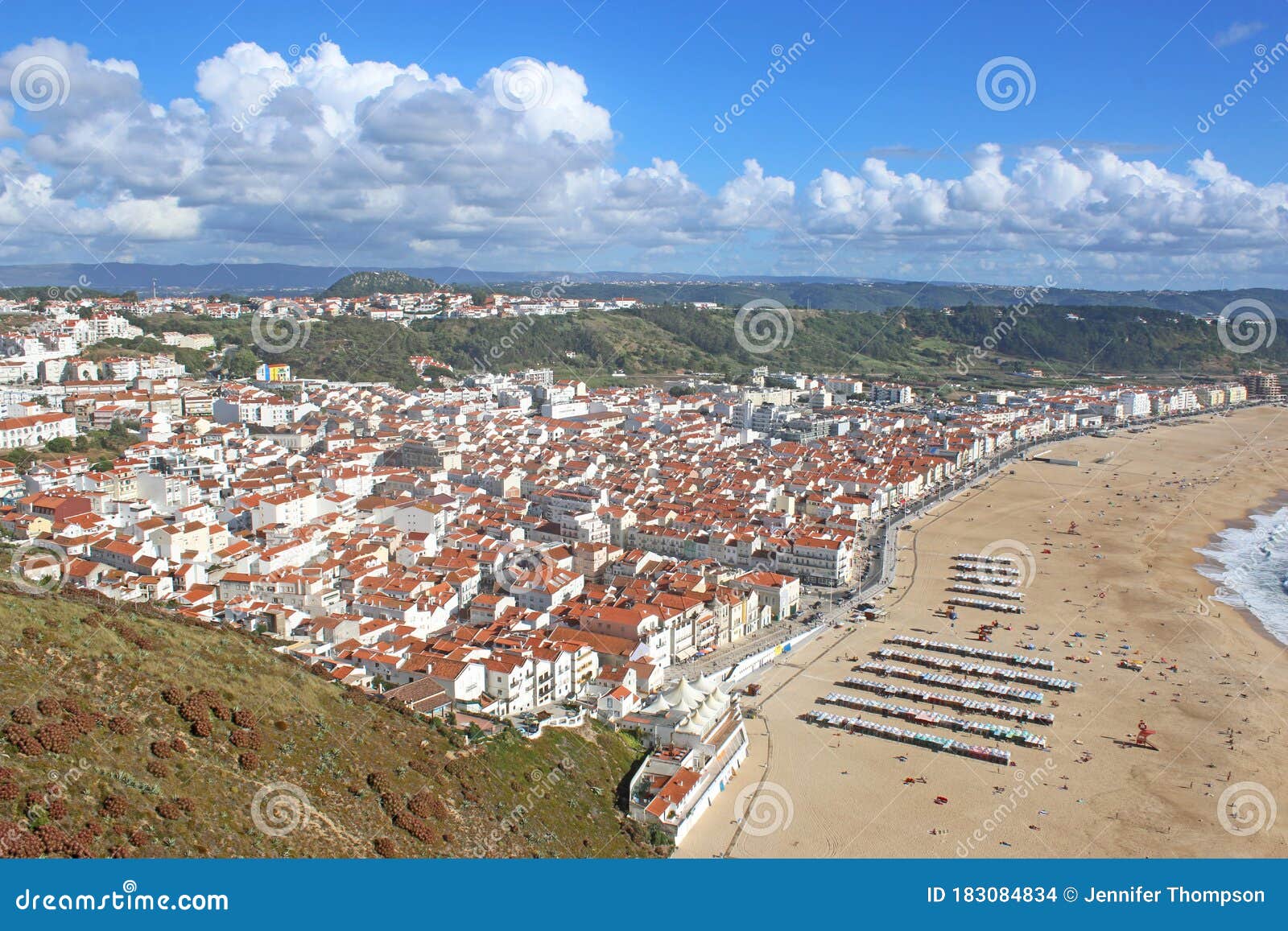 nazare town and beach from sitio, portugal
