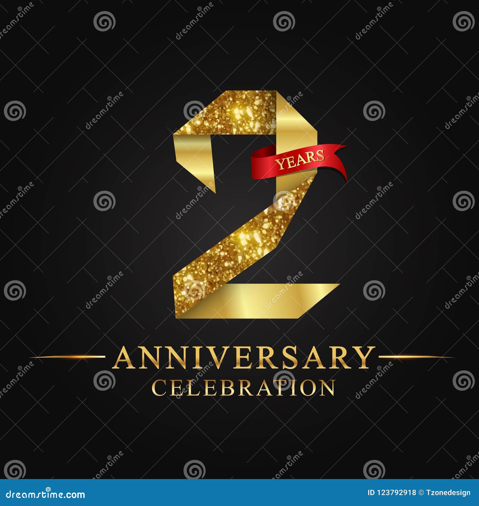 2nd anniversary years celebration logotype. logo ribbon gold number and red ribbon on black background.