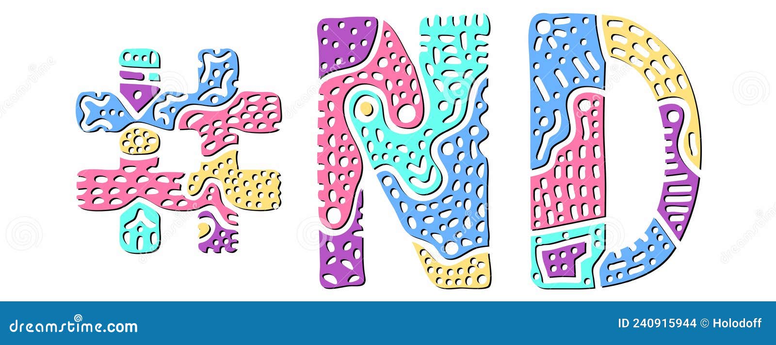 nd hashtag. multicolored bright isolate curves doodle letters.