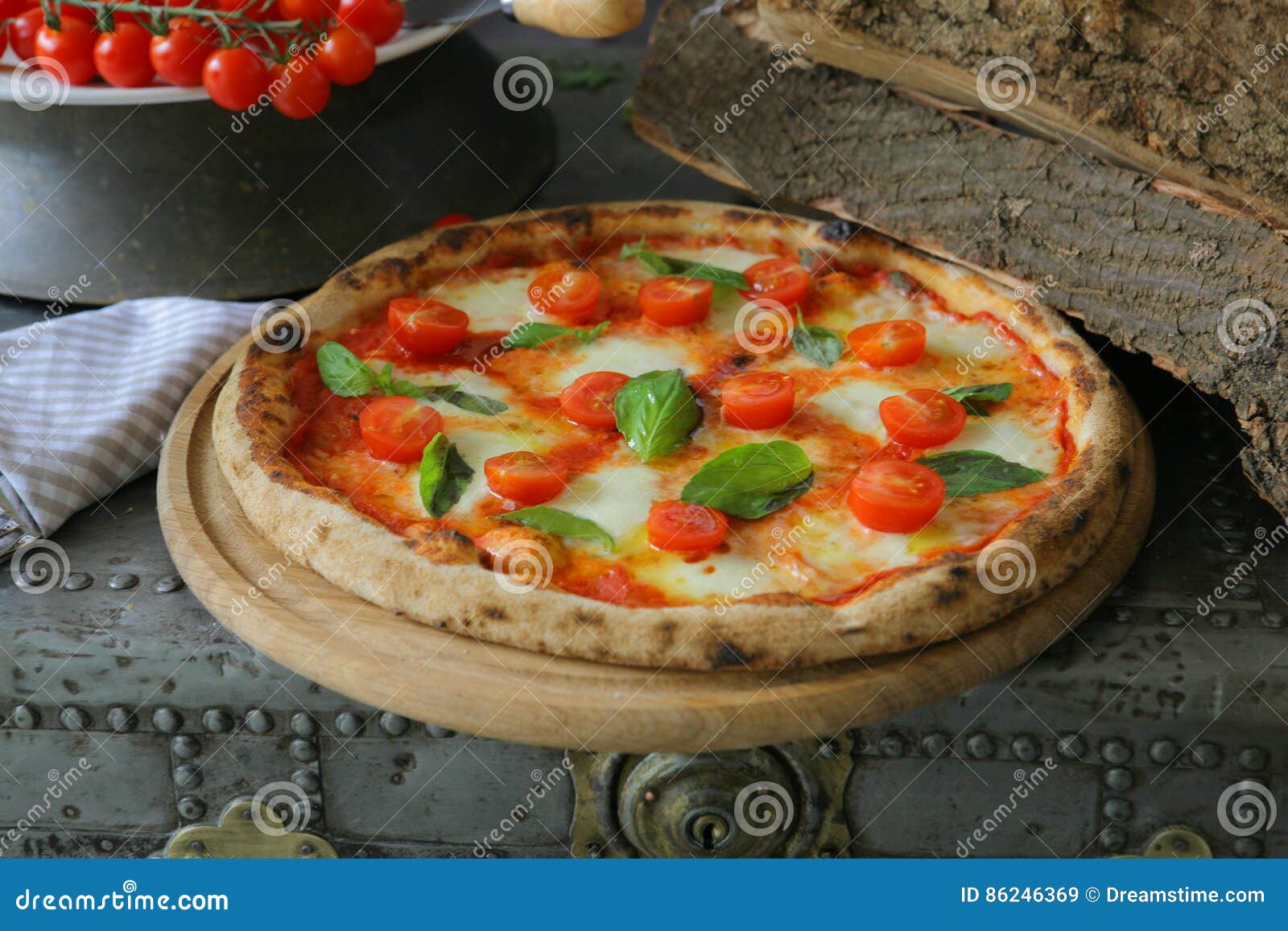 Neapolitan Pizza with Mozzarella, Cherry Tomato and Fresh Basil Stock