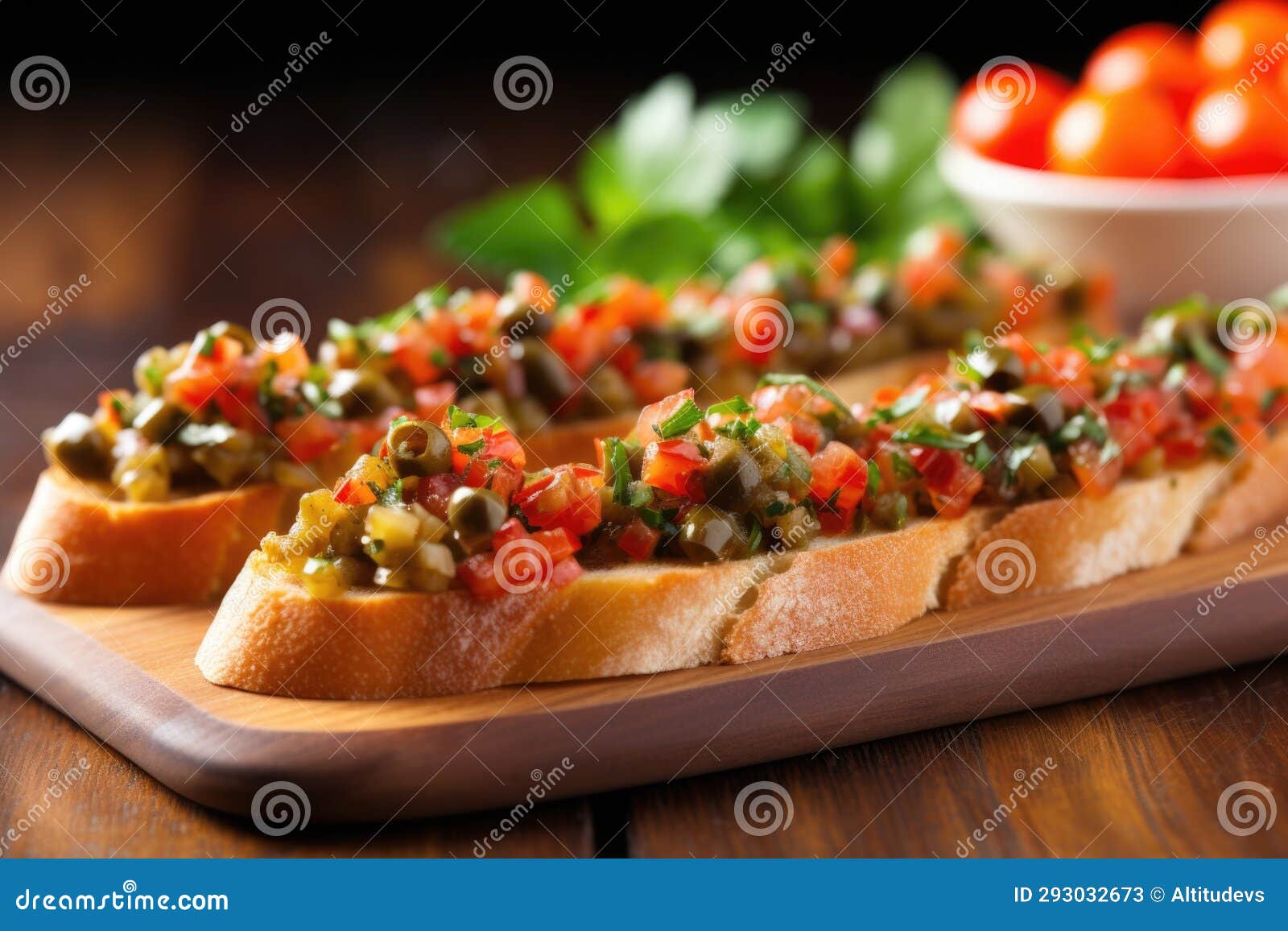 A Neat Row of Bruschetta with Capers on a Bamboo Board Stock Image
