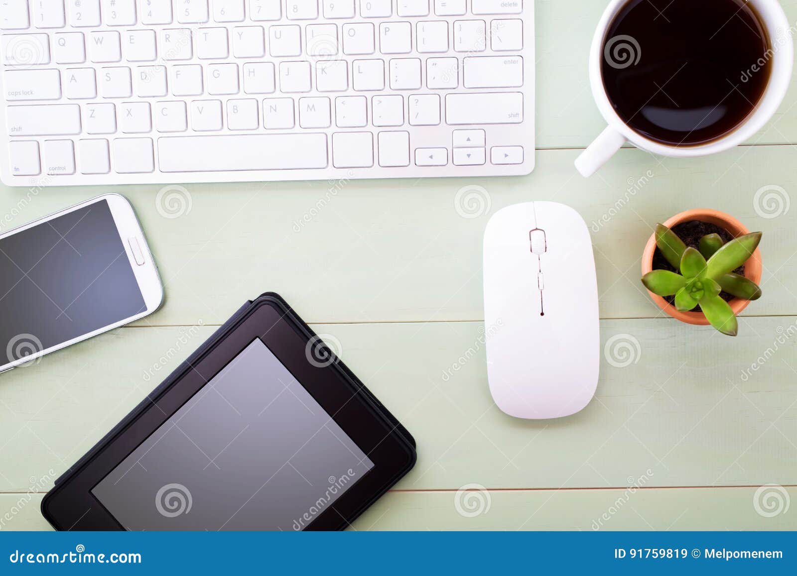 Neat Workstation On A Wooden Desk Stock Image Image Of Overhead