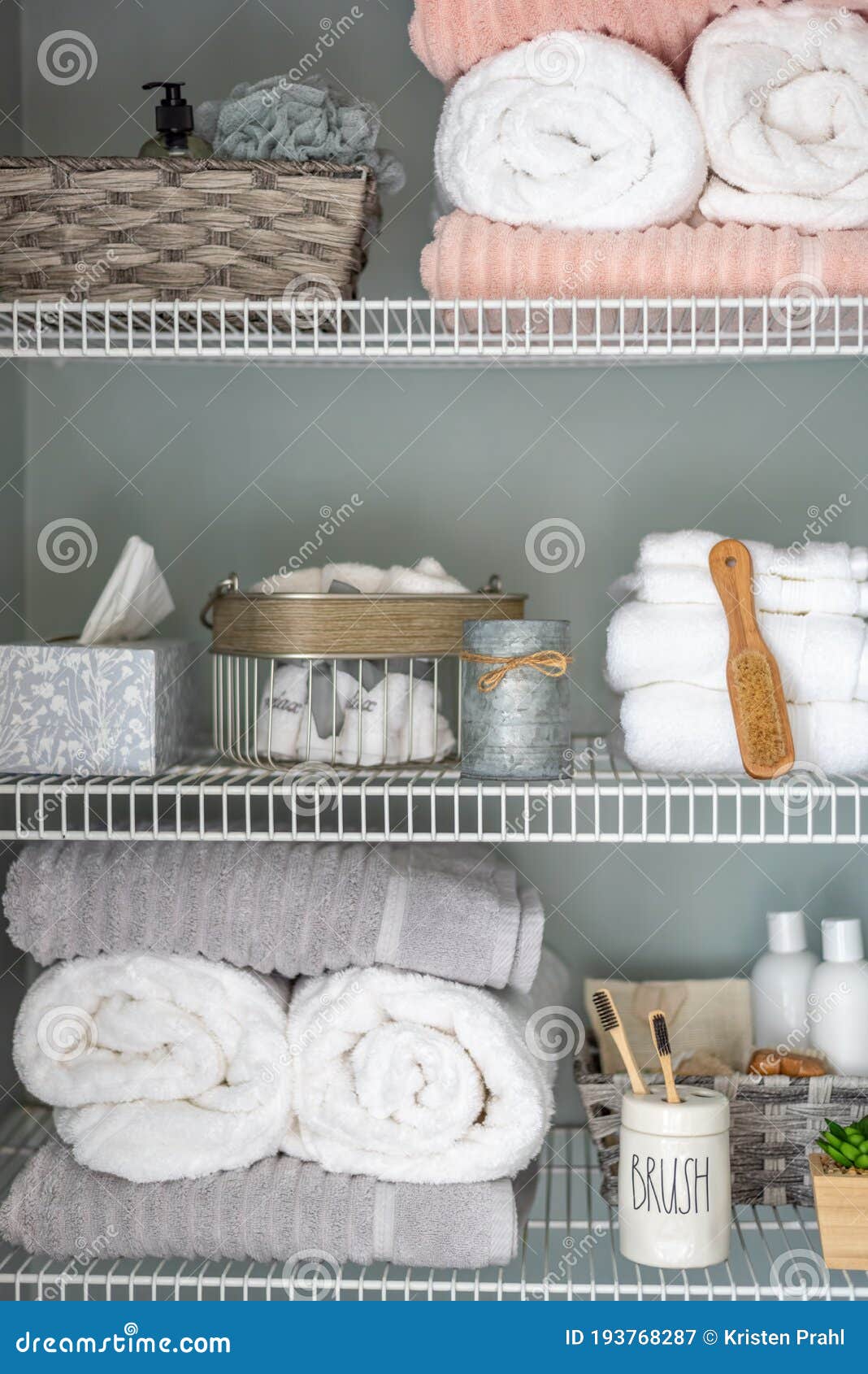 neatly organized bathroom shelving