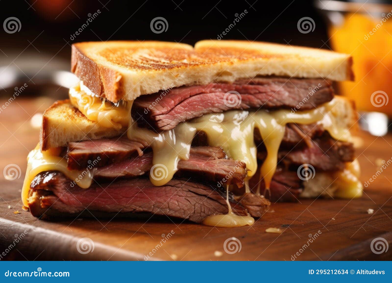Neatly Sliced Brisket Sandwich with Melted Cheese Stock Photo Image