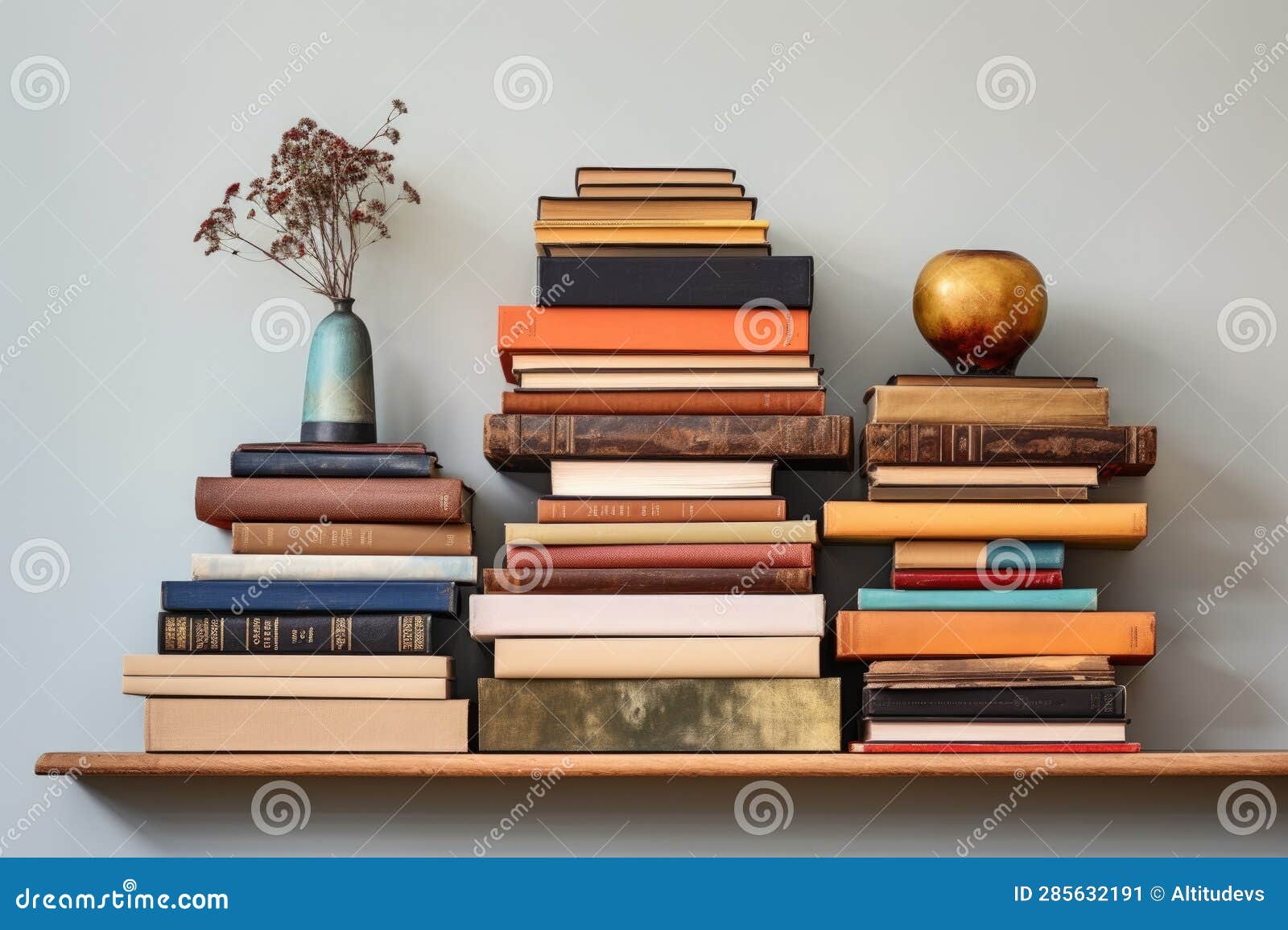 Neatly Stacked Books on a Floating Shelf Stock Image - Image of ...