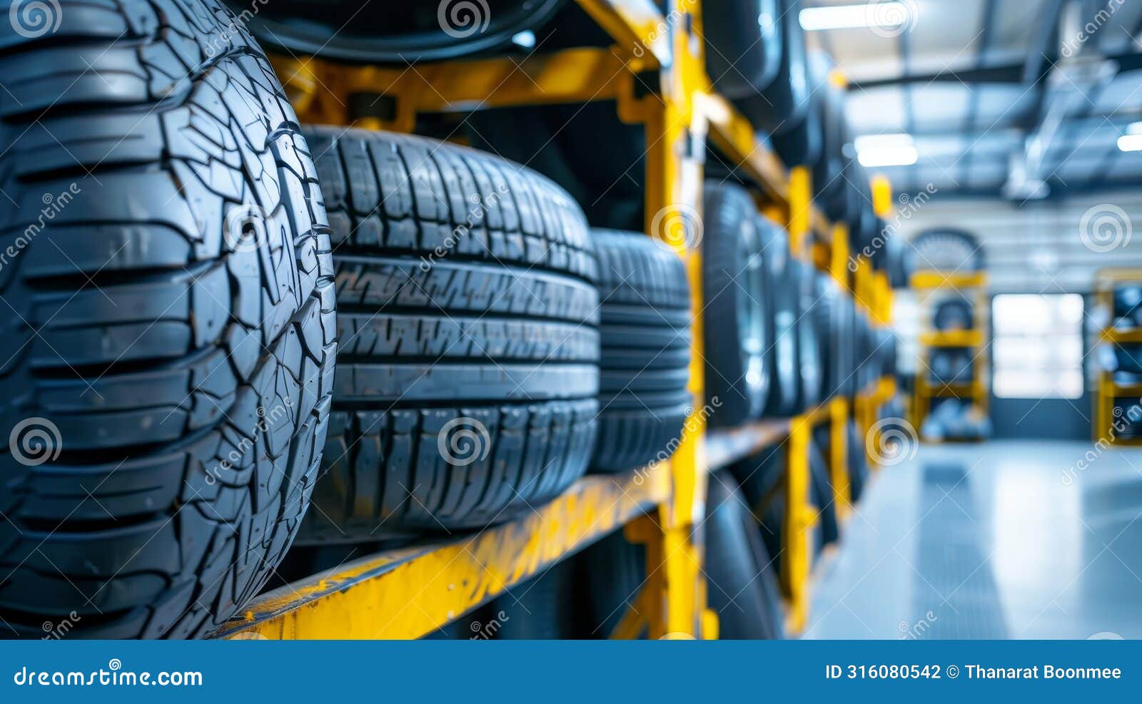 neatly stacked row of new car tires, ai generated