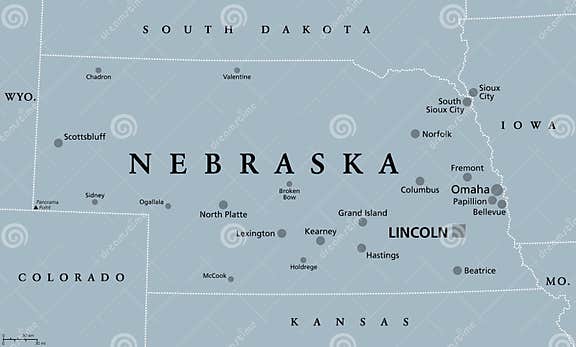 Nebraska, NE, Gray Political Map, US State, Cornhusker State Stock 