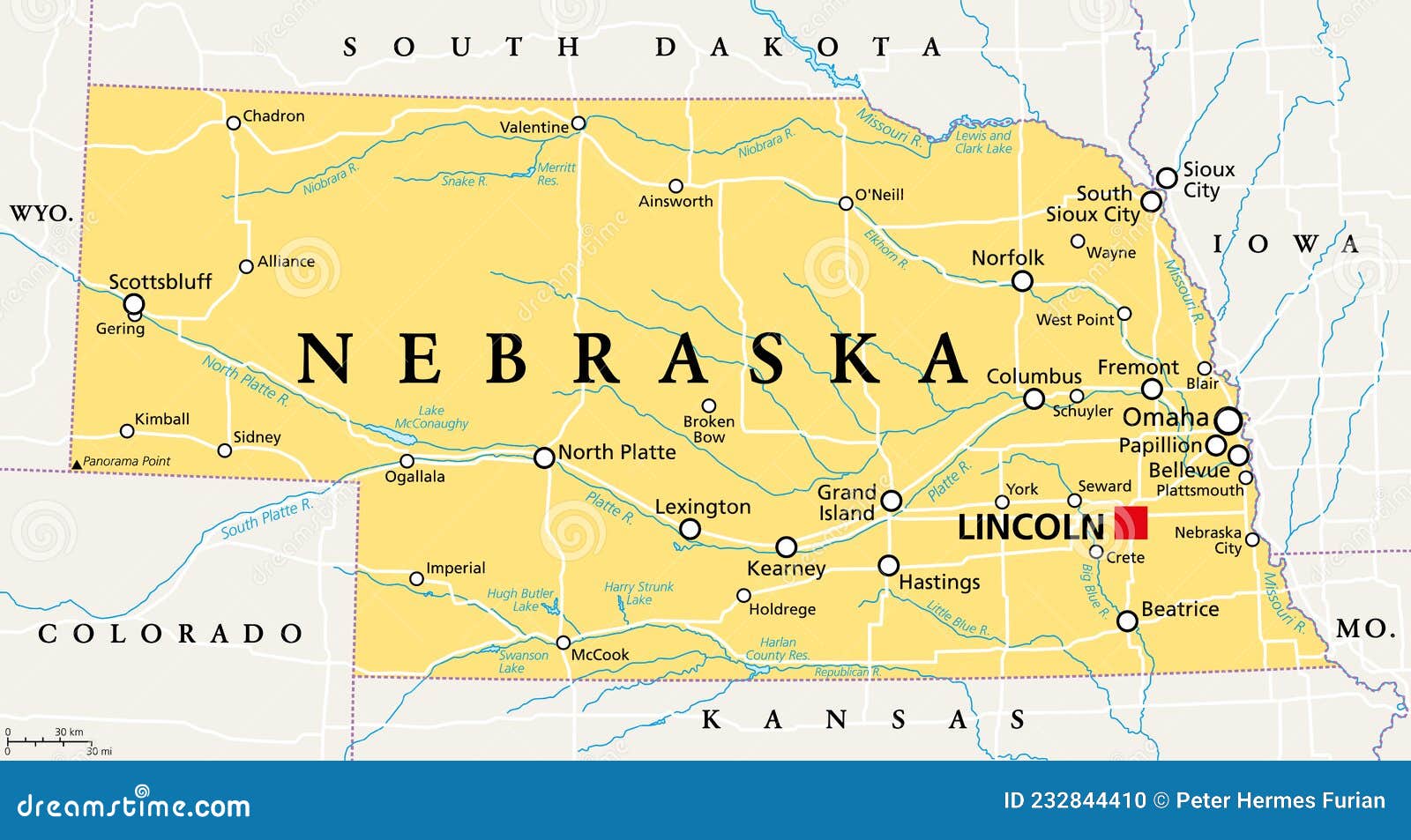 Nebraska Ne Political Map Us State Nicknamed Cornhusker State Stock