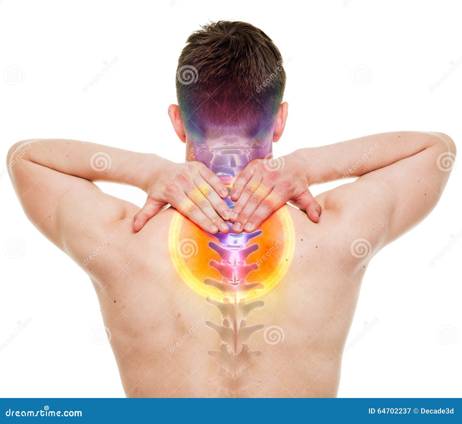 neck pain - male hurt cervical spine  on white - real an