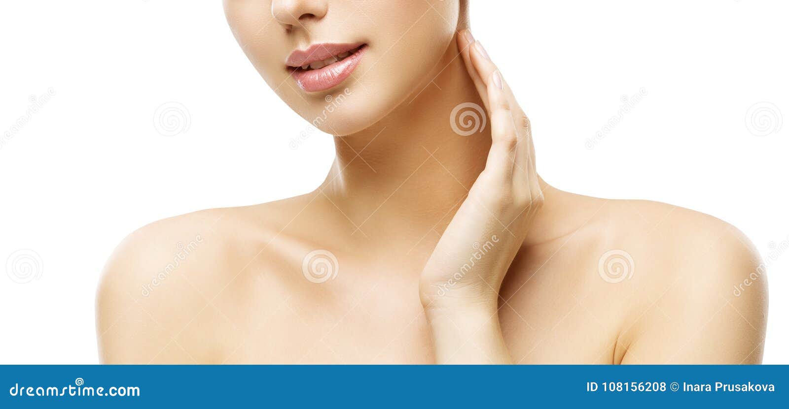 neck skin care, woman face makeup and lips beauty treatment