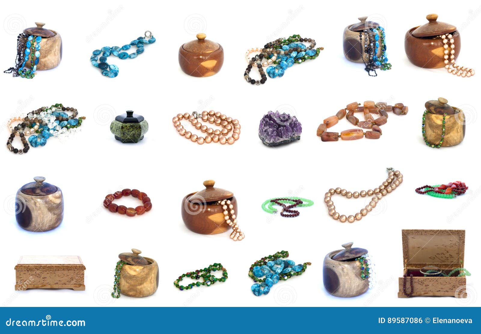 Necklace and Jewelry Boxes Collage Isolated on White Background Stock