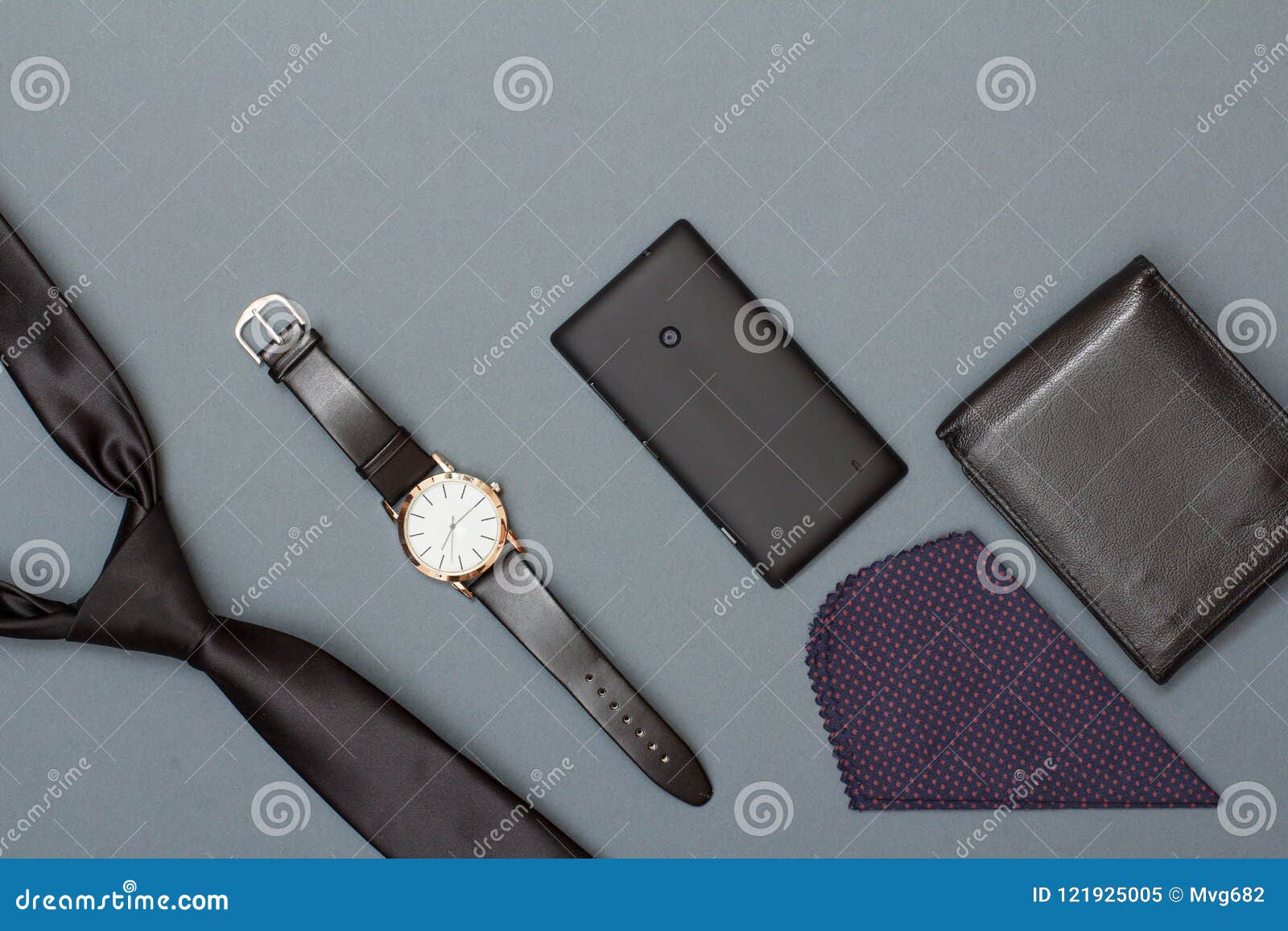 Necktie, Watch with a Black Leather Strap, Mobile Phone, Handker Stock ...