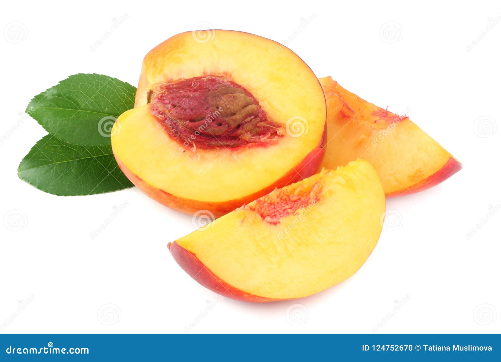 Nectarine with Green Leaf and Slices Isolated on White Background