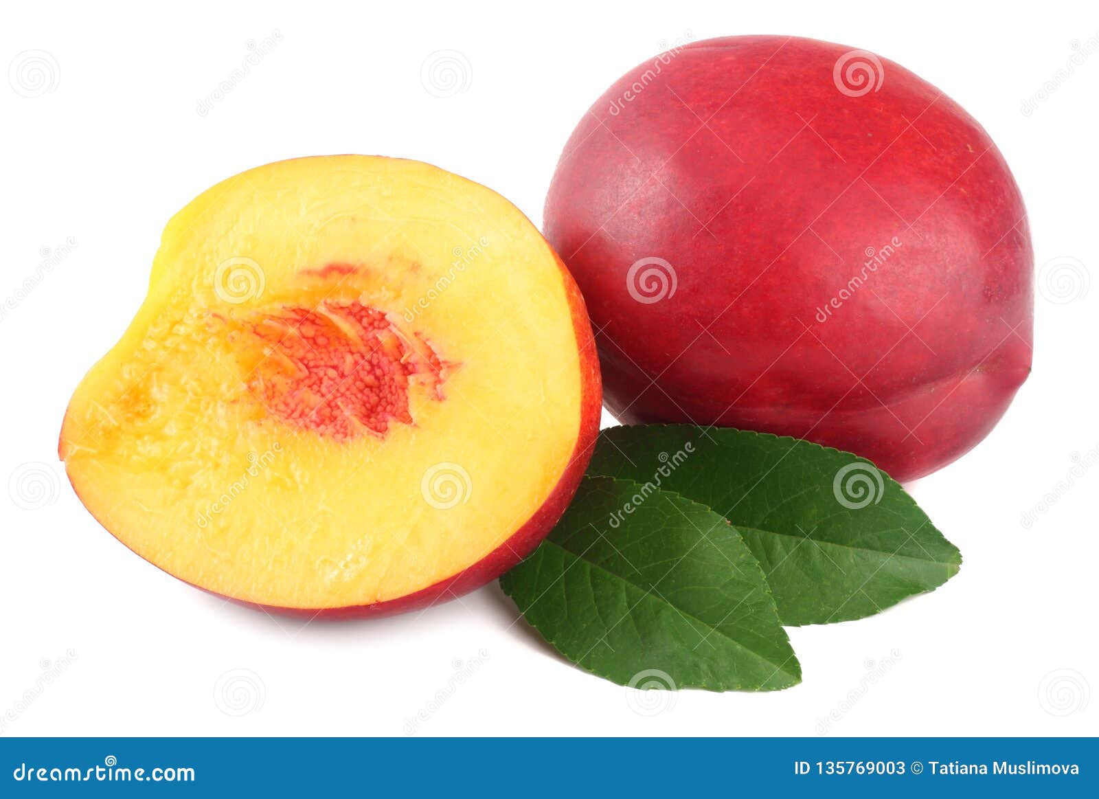 Nectarine with Green Leaf and Slices Isolated on White Background Stock