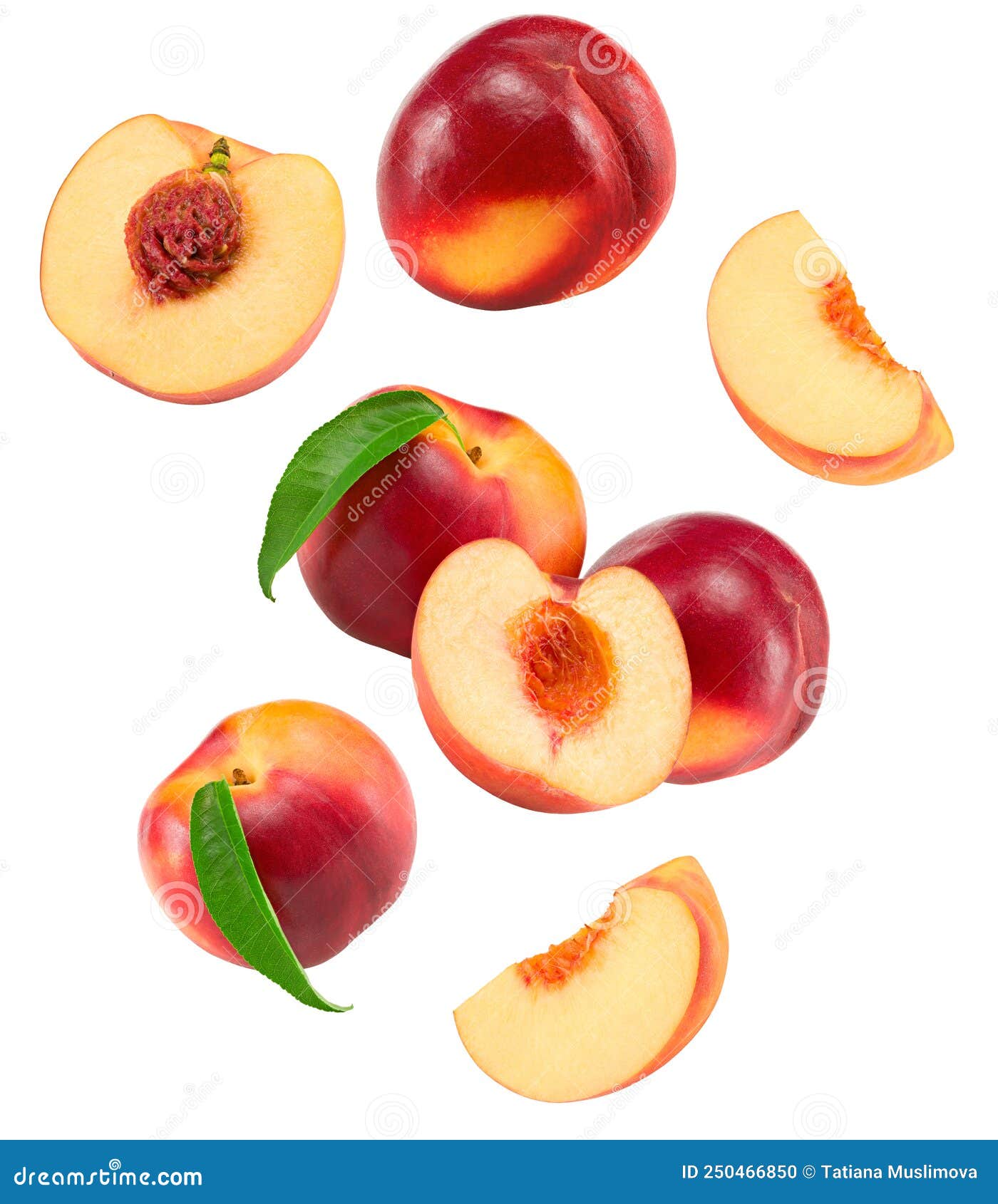 Nectarine with Green Leaf and Slices Isolated on White Background