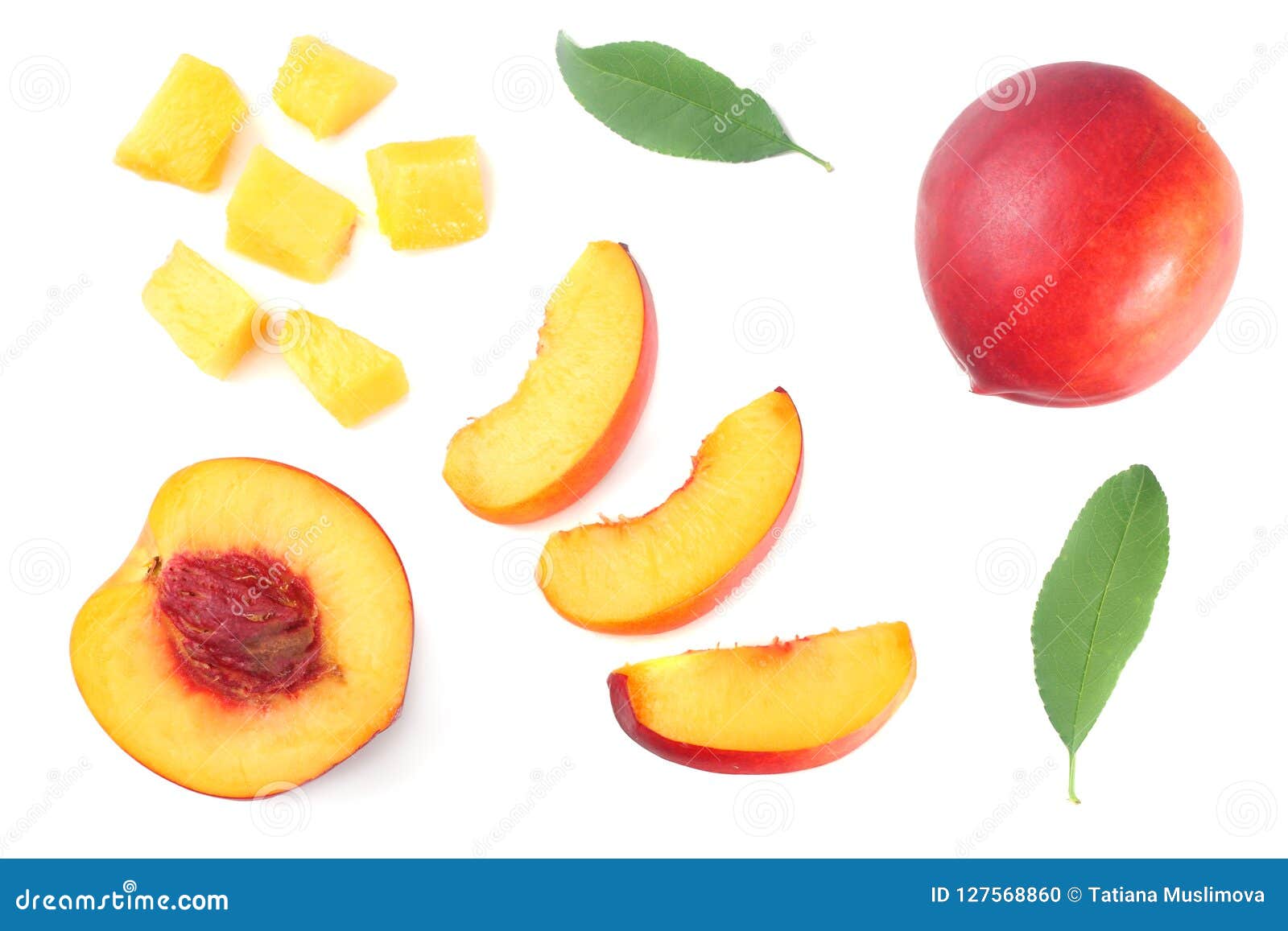 Nectarine with Green Leaf and Slices Isolated on White Background. Top