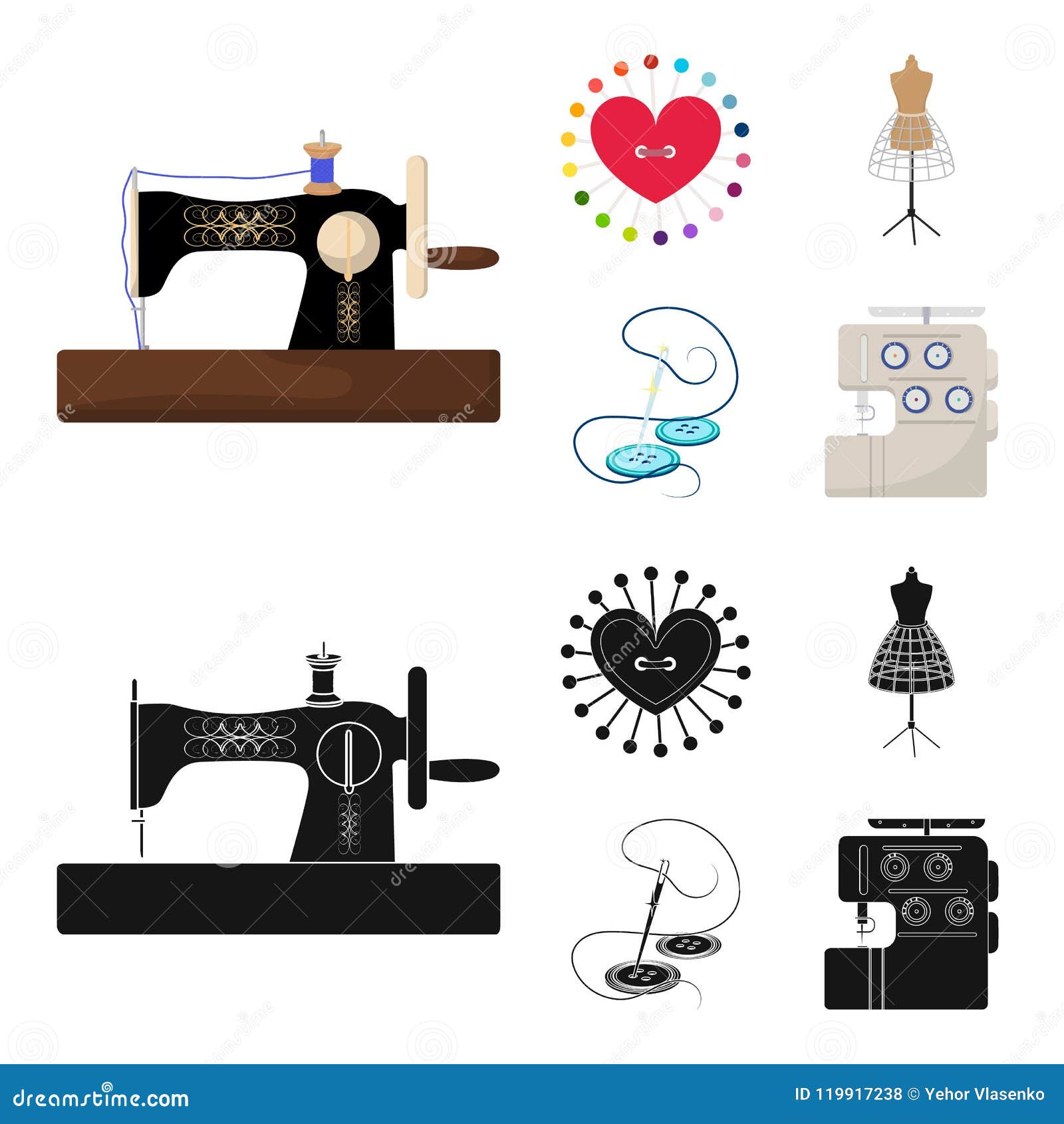 Needle and Thread, Sewing Machine, Pincushion, Dummy for Clothing
