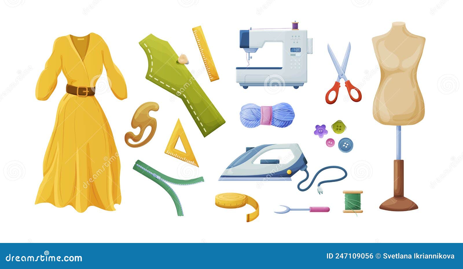 Needlework Tools Set. Handmade Kit Sewing Machine, Iron, Scissors, Spools of Thread, Buttons