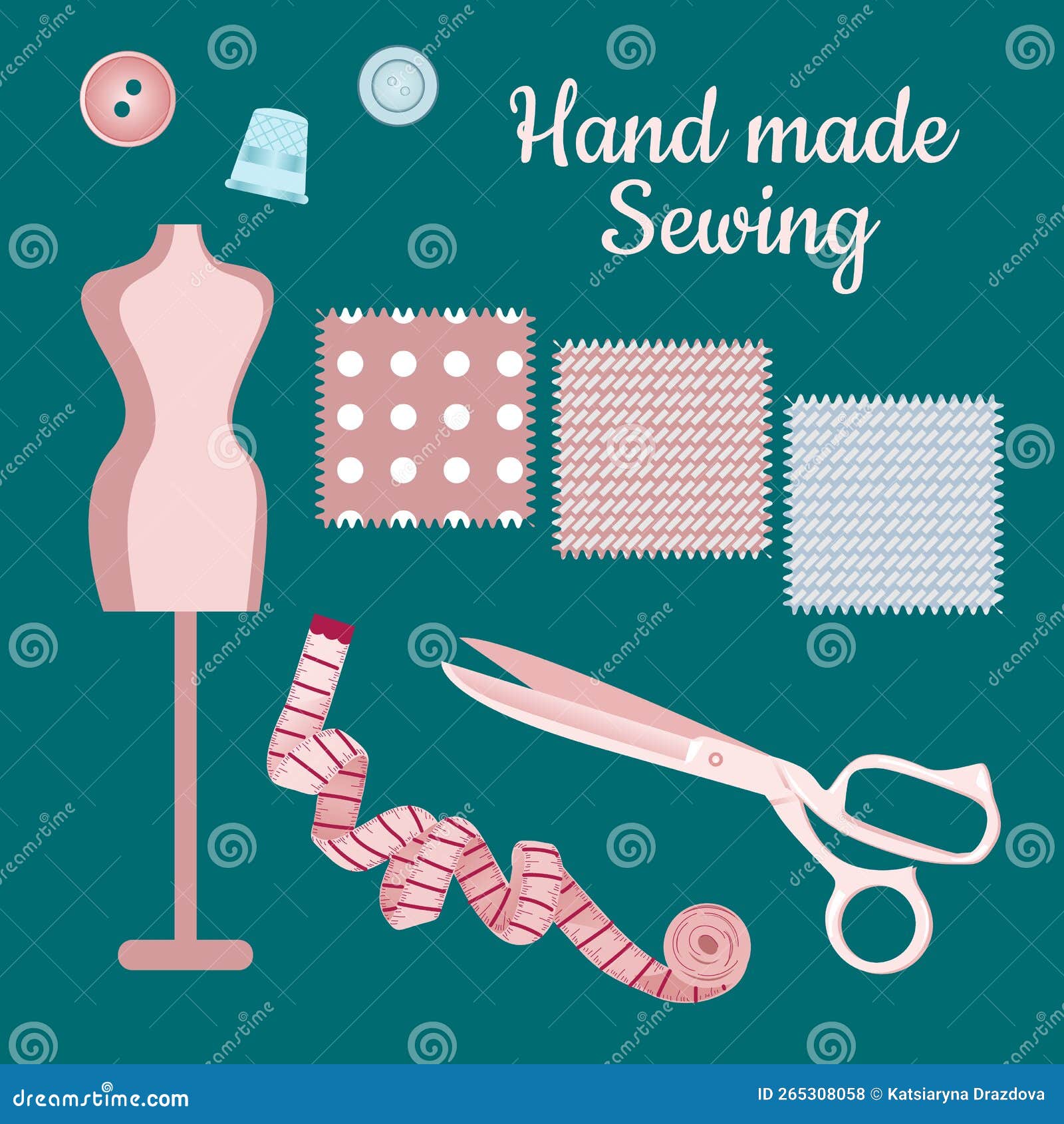 Needlework Tools Set. Handmade Kit Sewing Machine, Iron, Scissors, Spools of Thread, Buttons