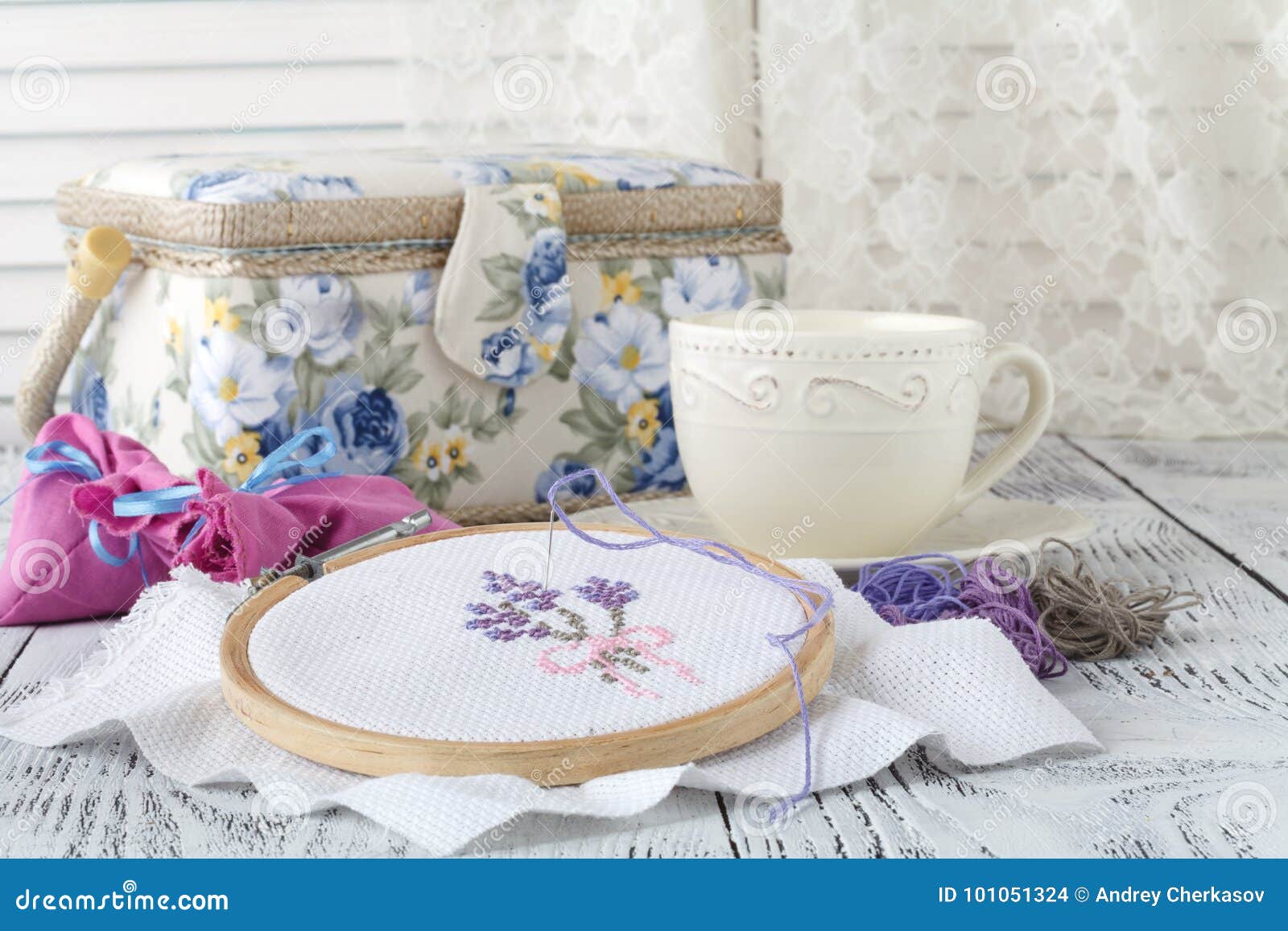 Needlework.Yarn and Thread for Embroidering on Cloth by Hand on Wooden