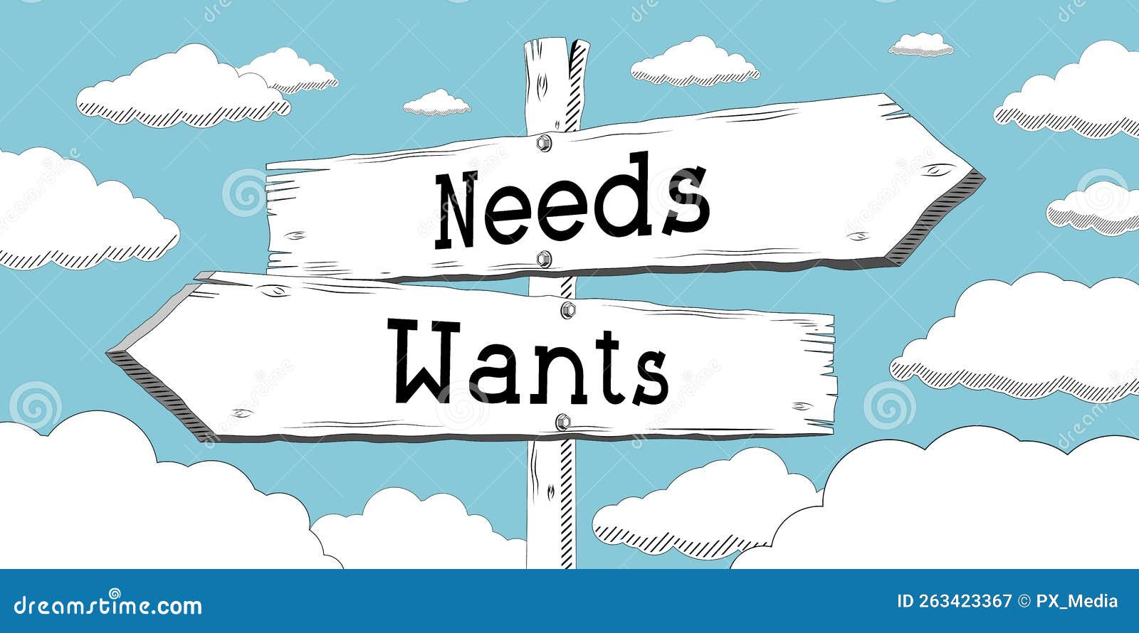 Needs and Wants Outline Signpost with Two Arrows Stock Illustration