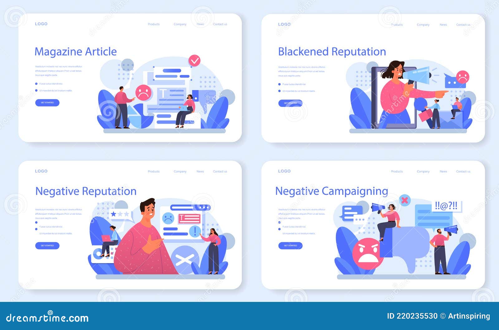negative campaigning web banner or landing page set. brand negative reputation