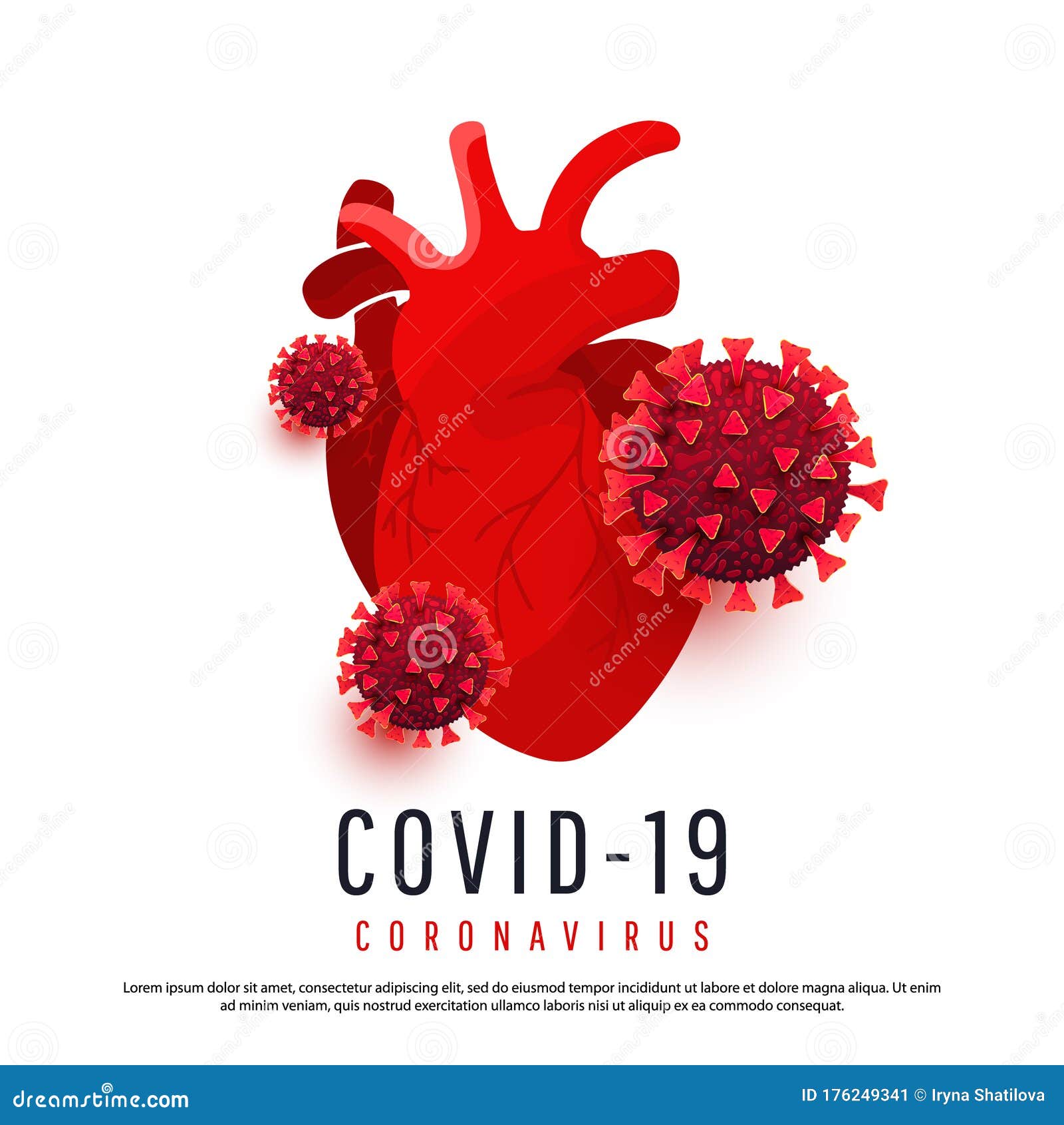 the effect of coronavirus on the human heart. 3d covid 19 cells infect a human heart  on a white background. 