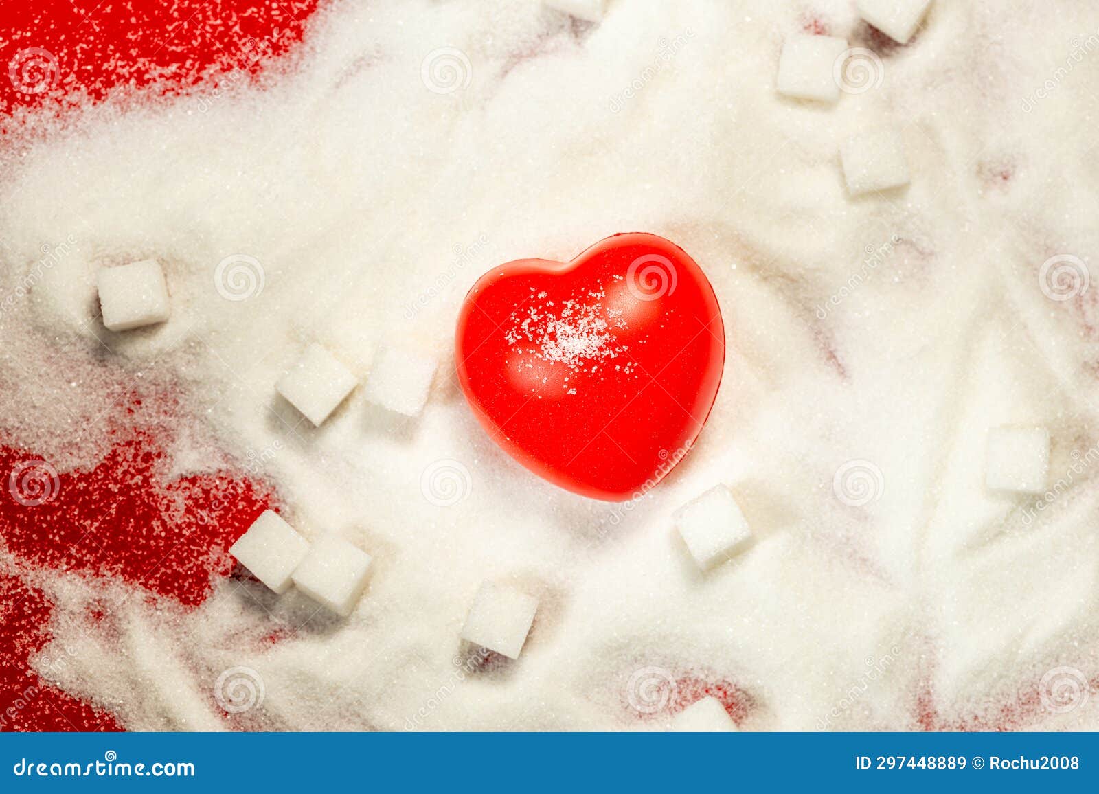 negative effect of sugar on health, health concept, heart lying among white sugar, healthy lifestyle, diseases related to excess