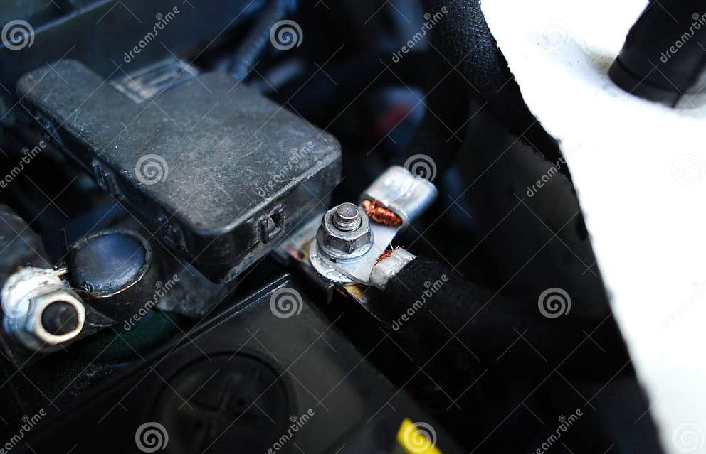 Negative Electrode or Ground Wire on Car Chassis in Engine Compartment