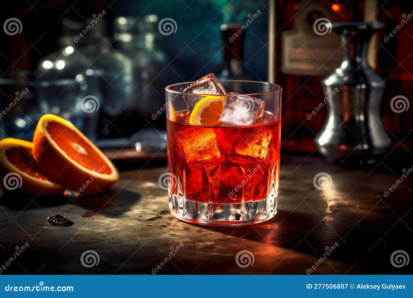 a negroni sbagliato cocktail with ice cubes on a bar counter