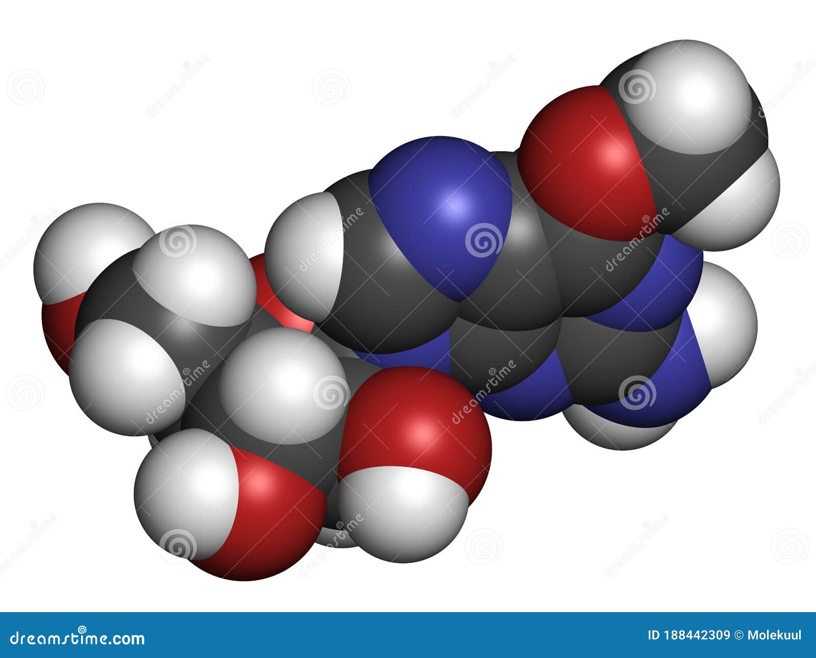 nelarabine leukemia drug molecule. atoms are represented as spheres with conventional color coding: hydrogen (white), carbon (grey