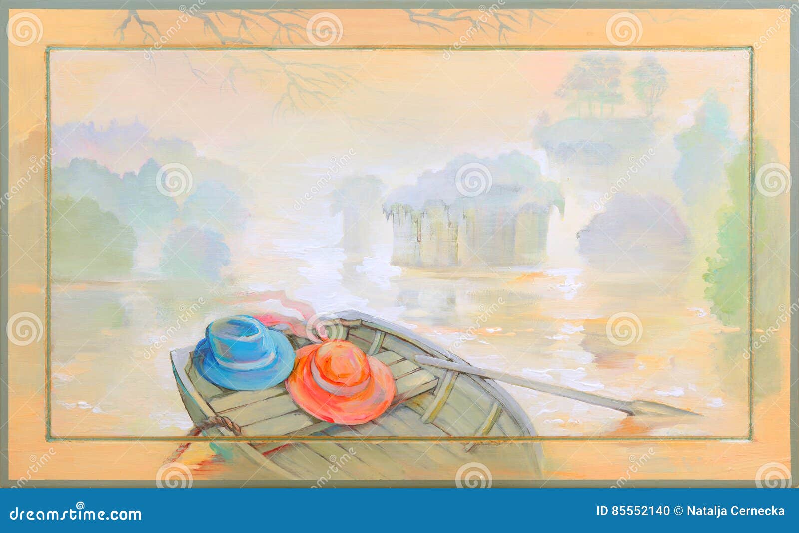 Nella nebbia Bello paesaggio con una barca sulla sponda del fiume Pittura a olio su legno. Foto di pittura dall'artista Natalja Cernecka