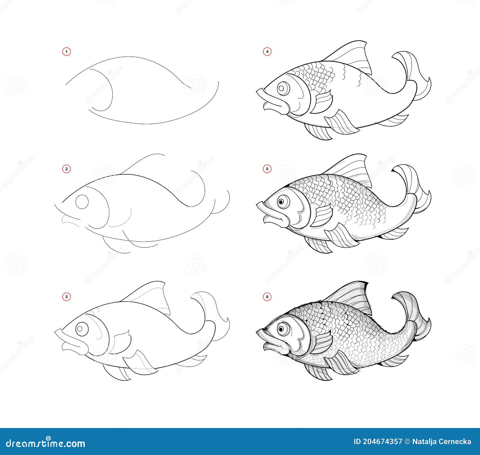 Nella Pagina Viene Illustrato Come Disegnare Lo Sketch Del Pesce Che Nuota.  Disegno a Matita Passo. Pagina Educativa Per Artisti. Illustrazione  Vettoriale - Illustrazione di carpa, realistico: 204674357