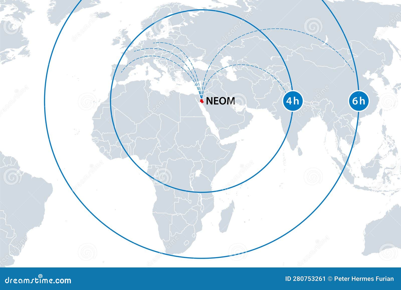 neom, short distance flights to major cities within 4 to 6 hours, map