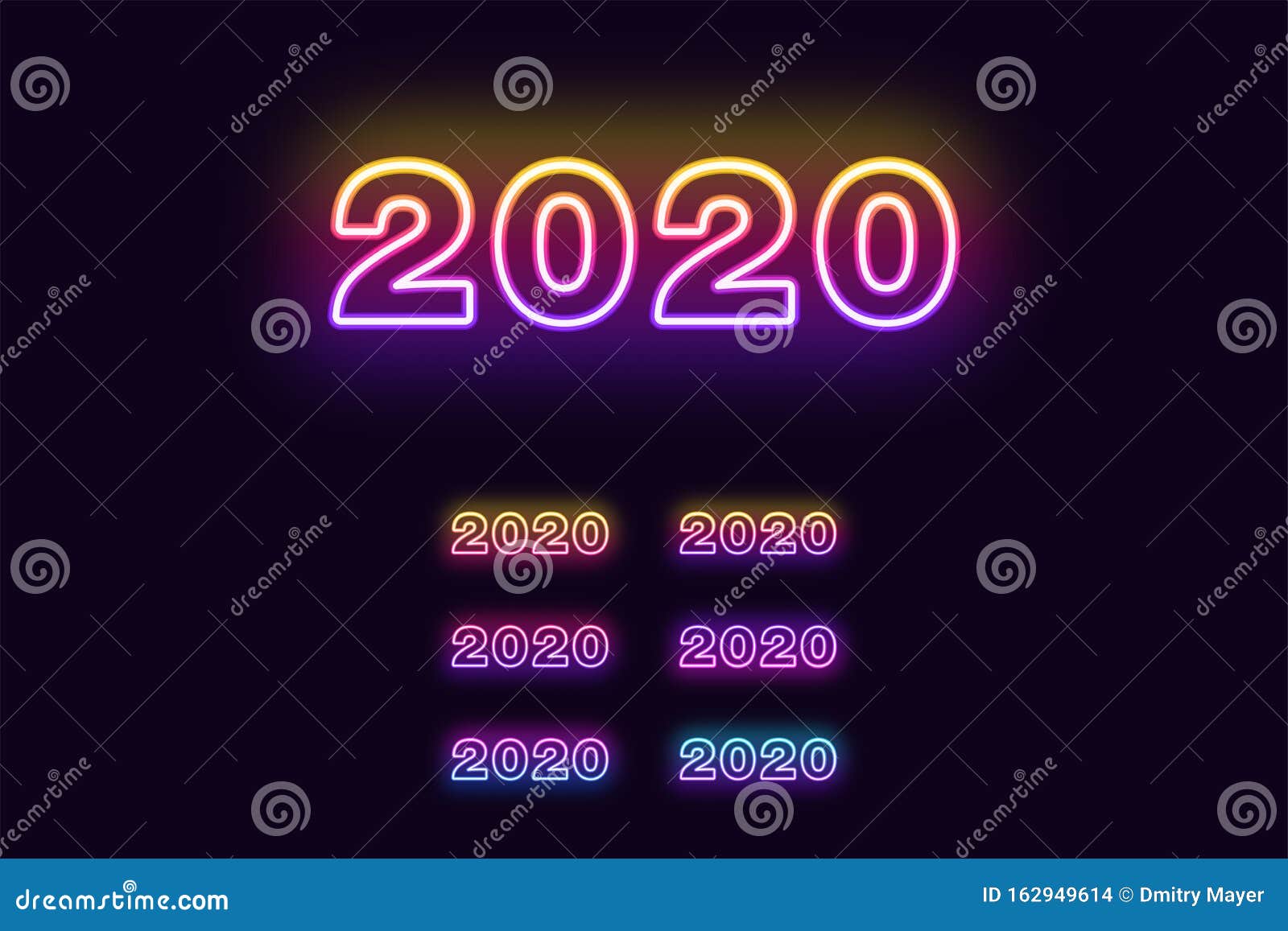 Neon数字 不同渐变颜色的新年数字霓虹灯日期集向量例证 插画包括有图标 标题