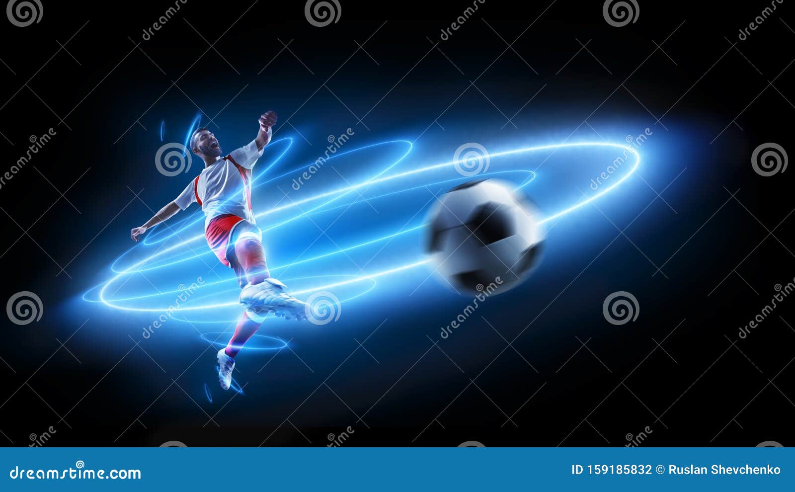 Neon Action. Professional Soccer Player in Action. Blue Neon Light