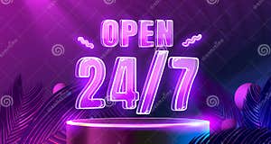 Neon Banner Open Time 24 Hours Poster City Signboard Vector Stock Neon Banner Open Time 24 Hours Poster City Signboard Vector Stock