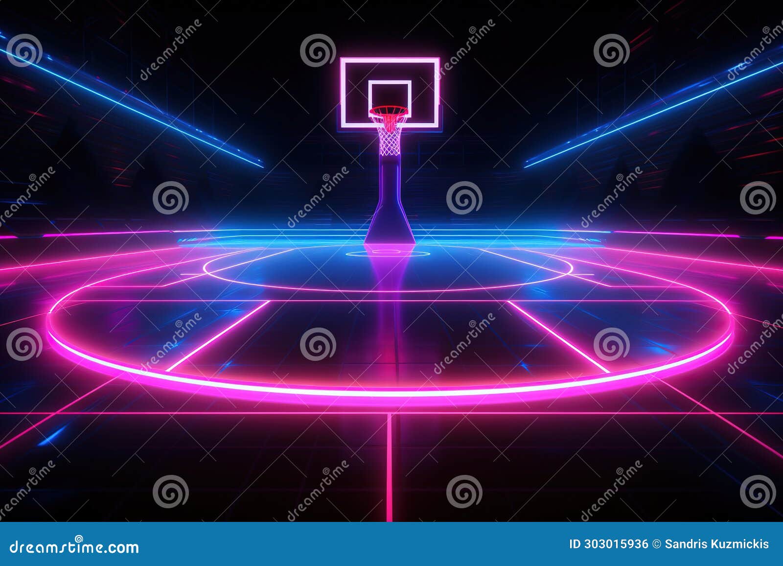 Neon Basketball Field on Black Background. Generative AI Stock