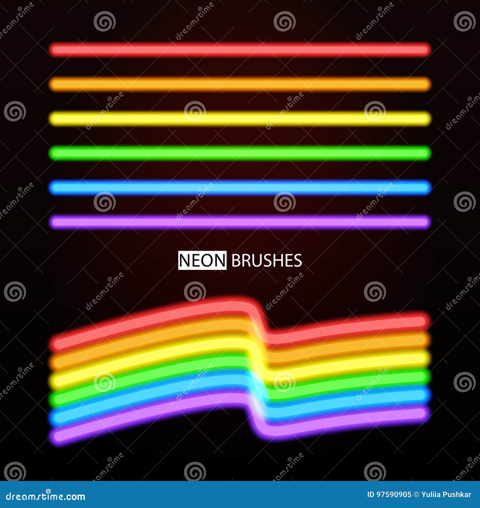 Neon Brushes. Vector Set of Rainbow Glowing Lines Stock Vector Illustration of glowing